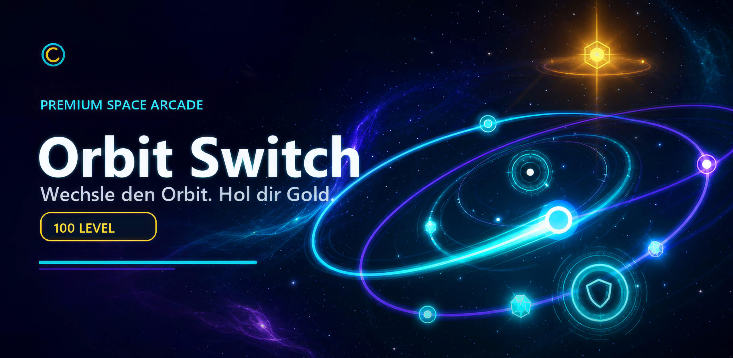 Vorstellungsgrafik des Mobile Games Orbit Switch mit leuchtenden Umlaufbahnen, Planeten und dem Hinweis auf 100 Level