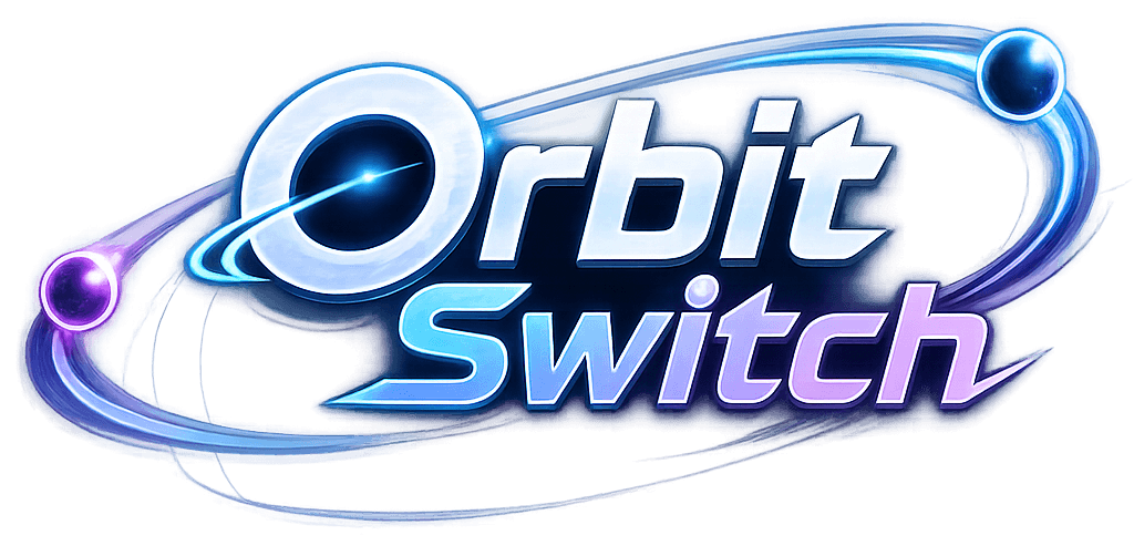 Logo des Spiels Orbit Switch mit leuchtenden Umlaufbahnen und Planeten
