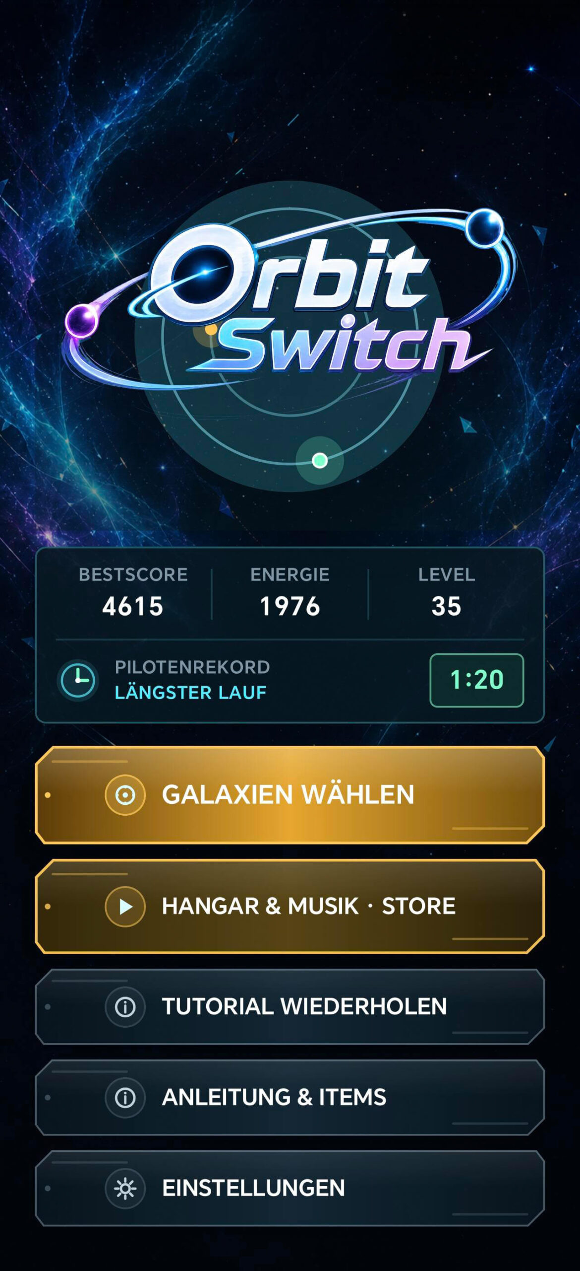 Startmenü des Mobile Games Orbit Switch mit Tutorial, Galaxieauswahl und Musik-Store